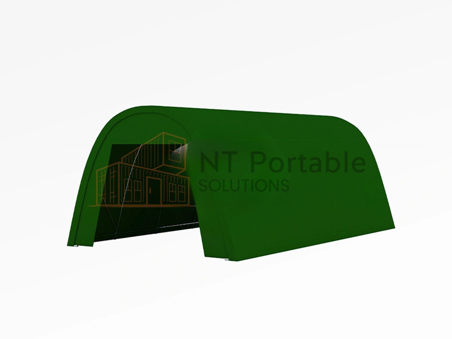 Green portable shelter with arched top.