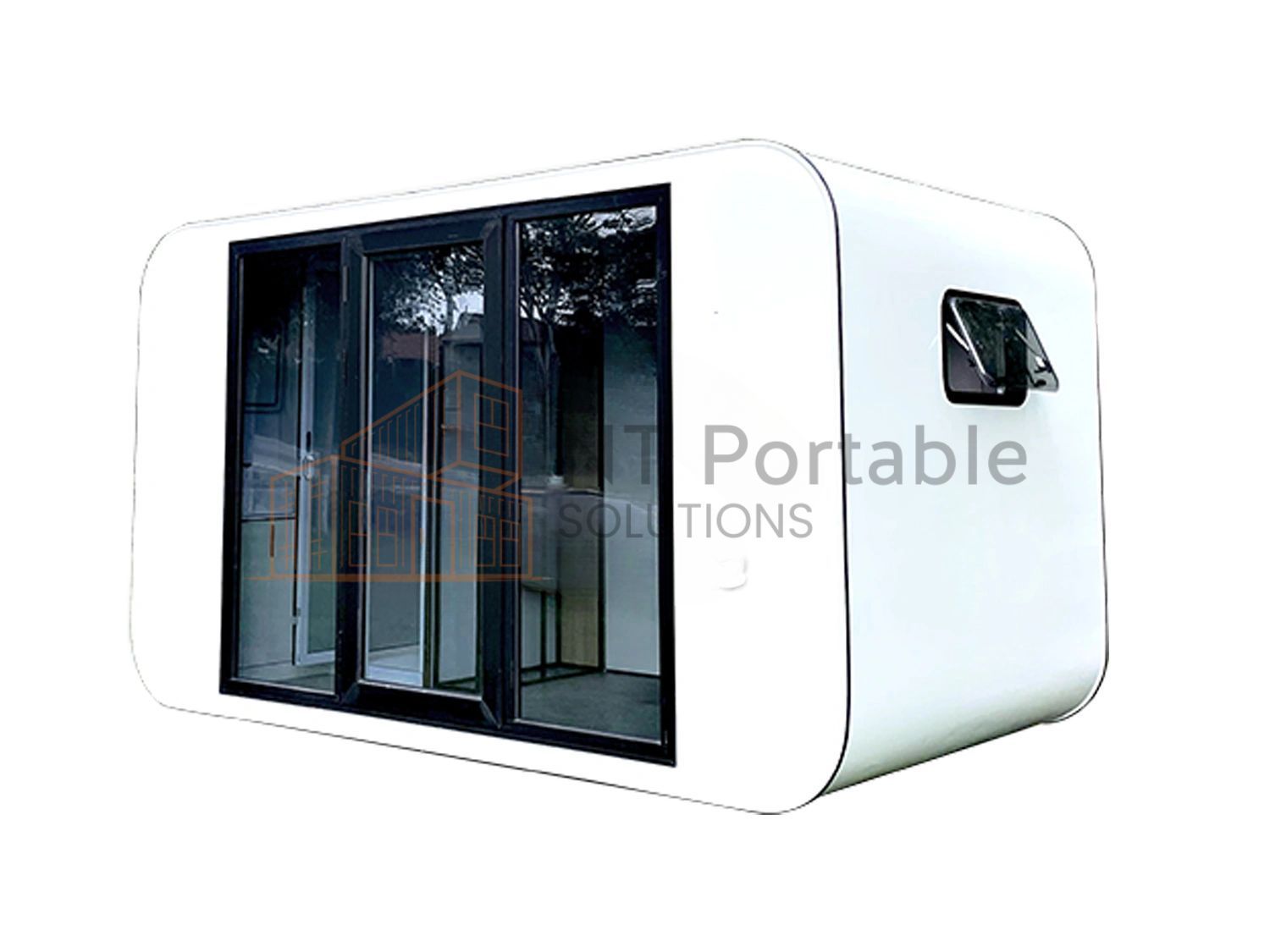 White, portable pod with large glass doors and a small window.