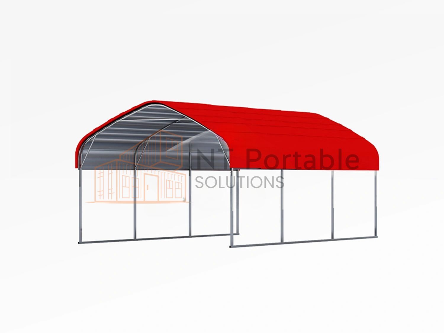 Red-roofed steel framed portable shelter against a white background. 