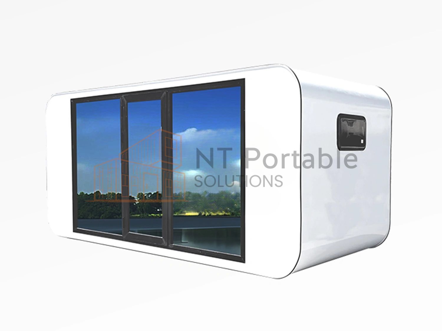 White modular building with large glass sliding doors, designed by NT Portable Solutions.