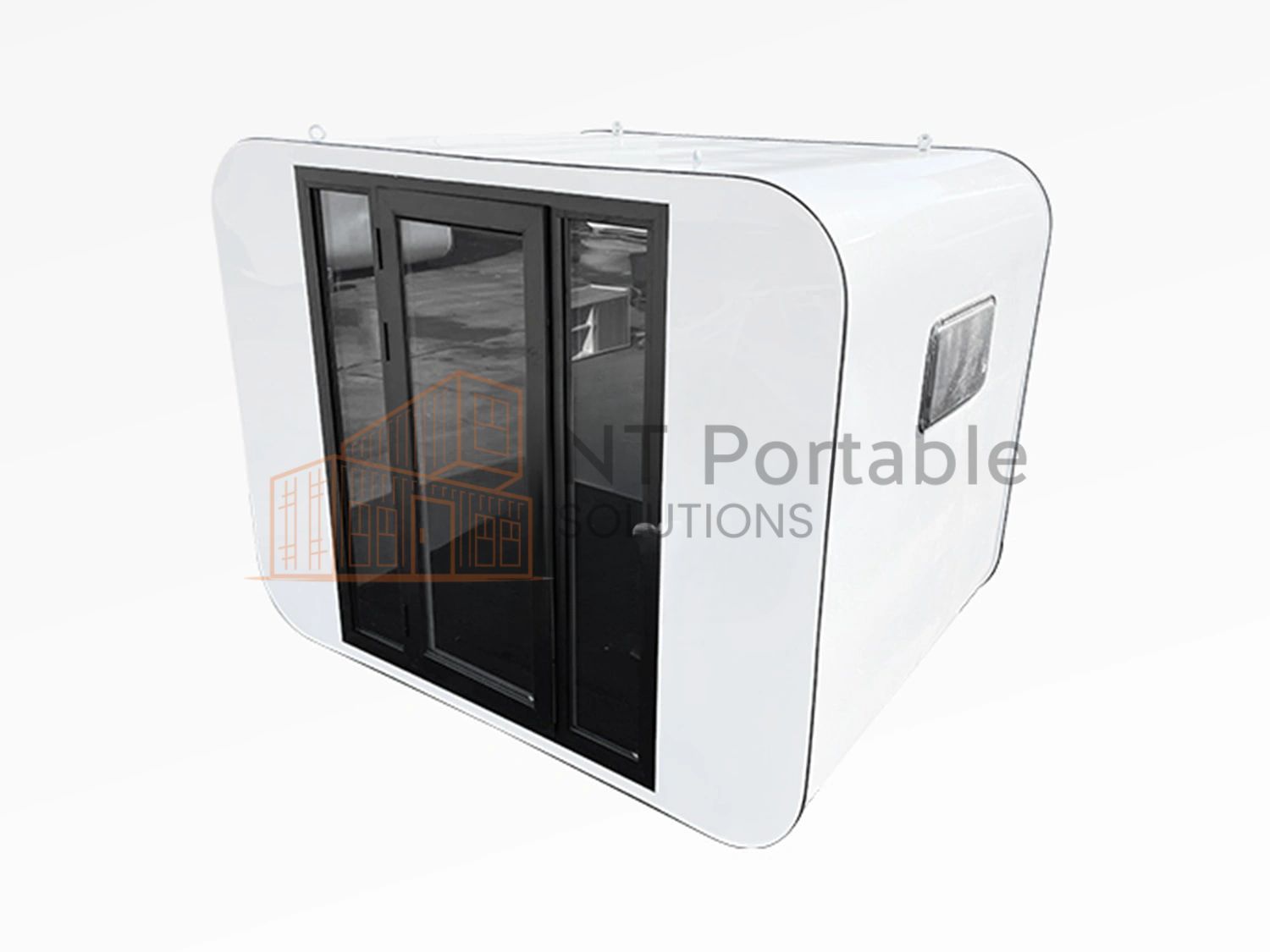 White, rounded portable office pod with black framed glass double doors and a small window.
