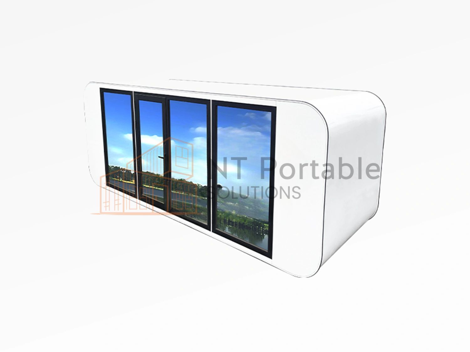 White portable building with large windows, reflecting blue sky and landscape.