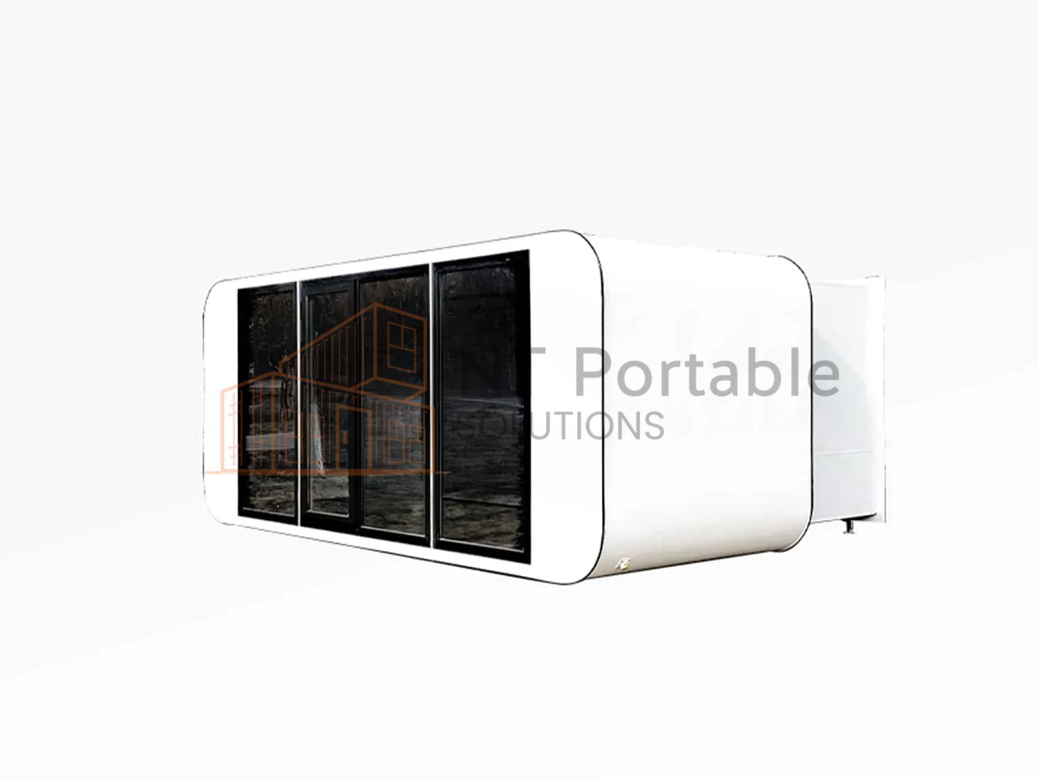 White modular building with large windows, labeled 