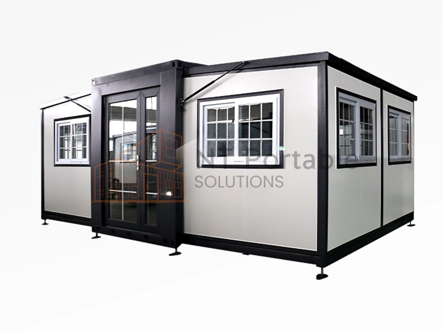 Modular folding cabin with black trim and white windows.