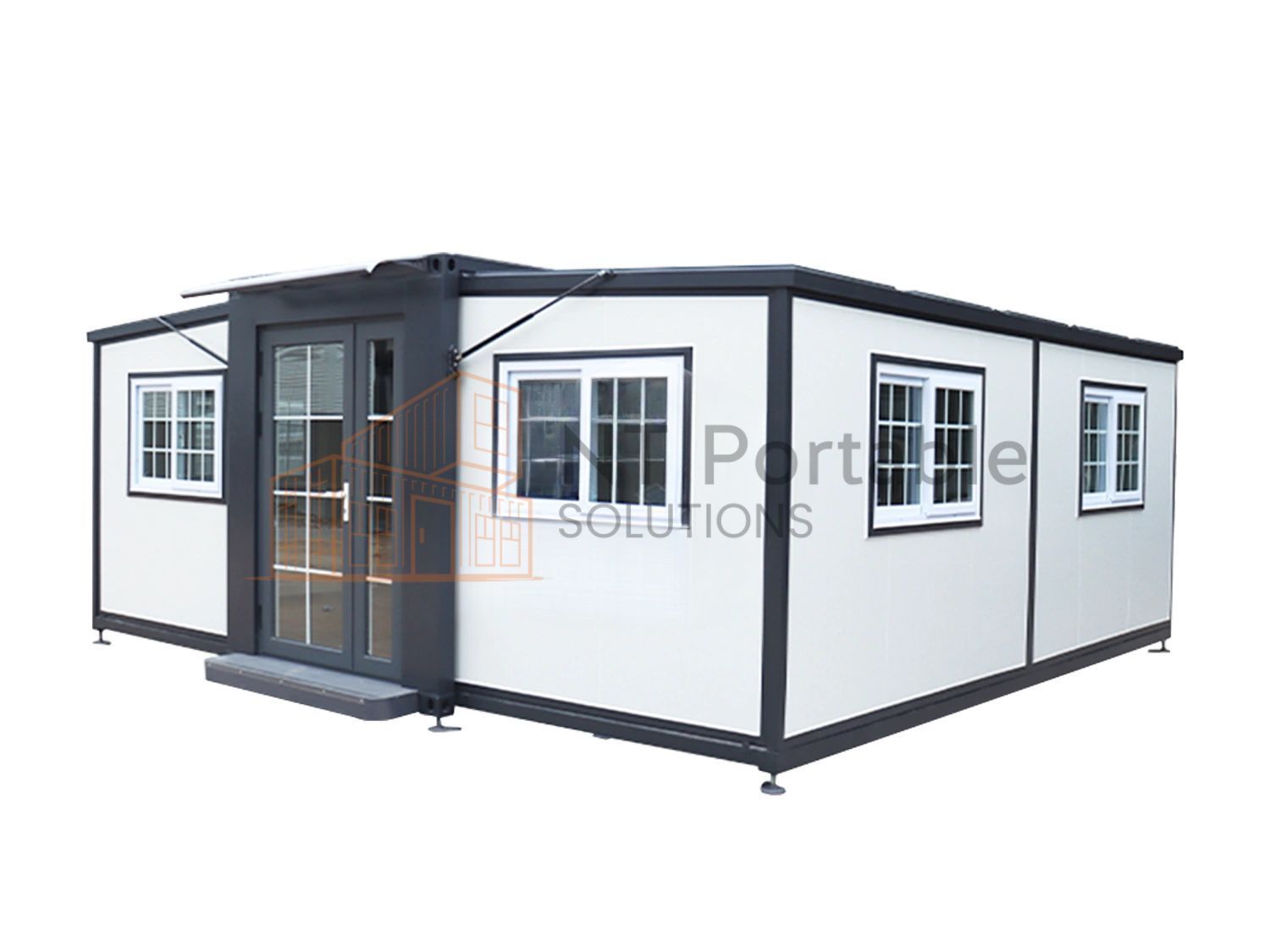 White portable cabin with black trim, double doors, and windows.