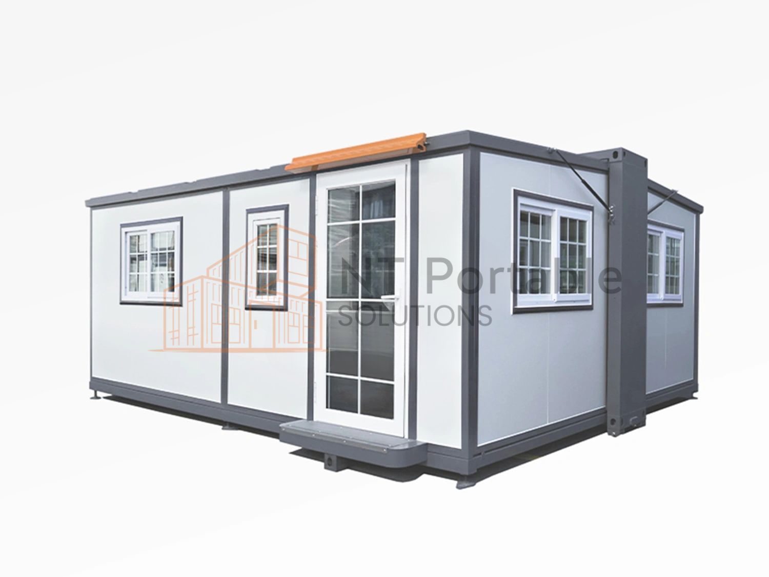 Portable white and grey modular building with windows and a door on a white background.