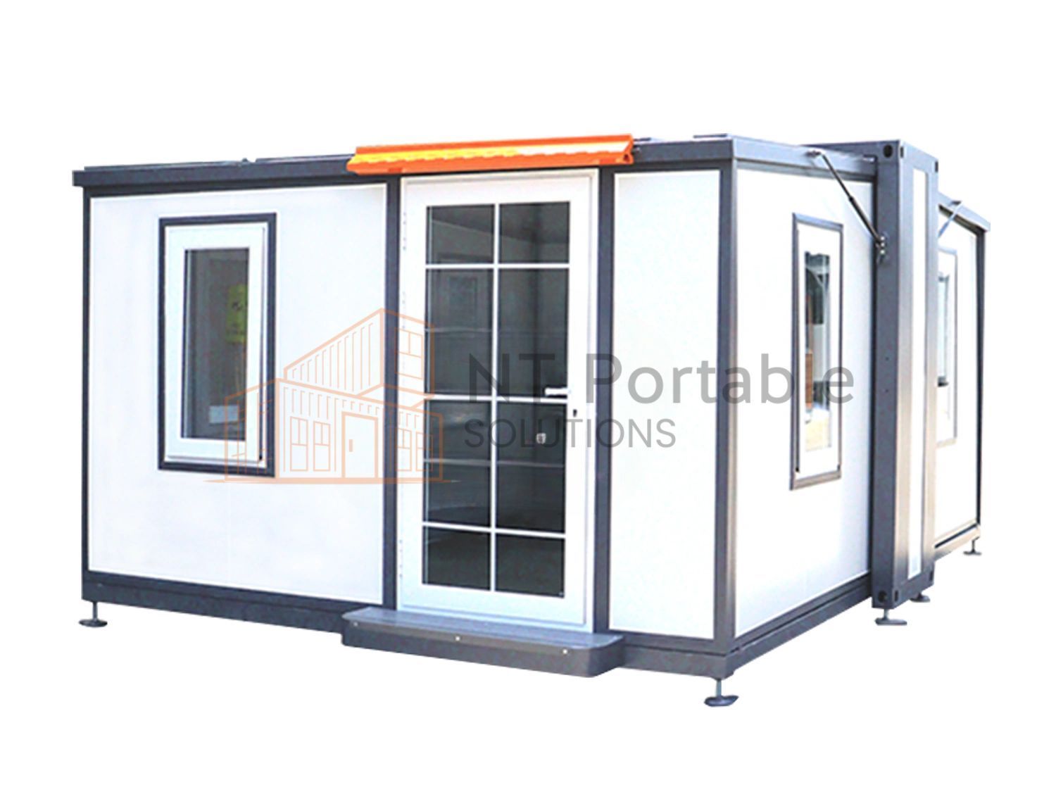 White and gray portable cabin with windows, door, and an orange awning, outdoors.