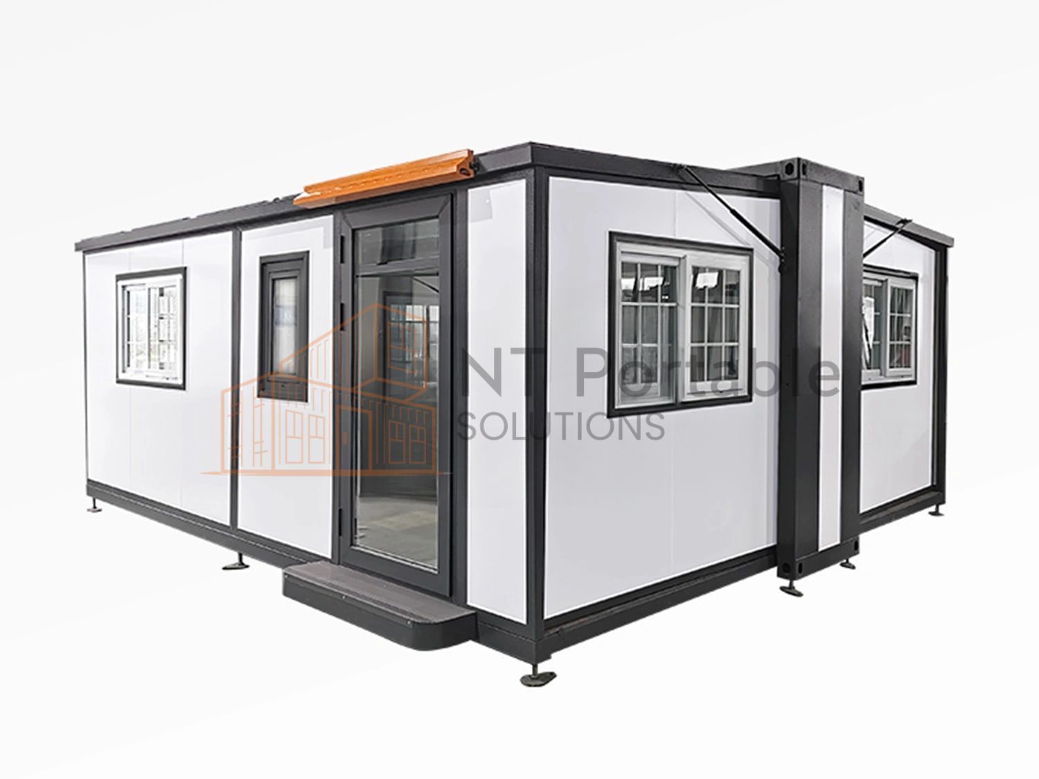 Foldable, white modular building with black trim, windows, and a glass door.