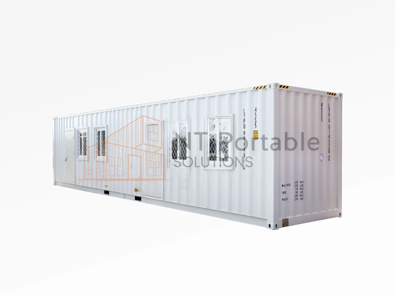 White shipping container modified with windows, likely a portable office.