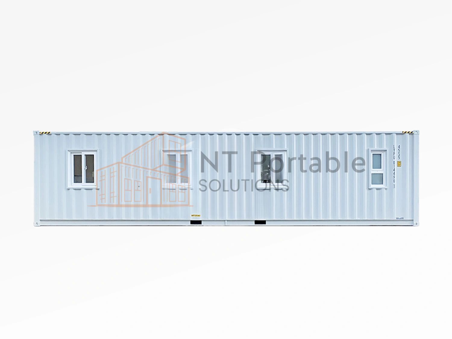 Light blue shipping container with windows, branded 