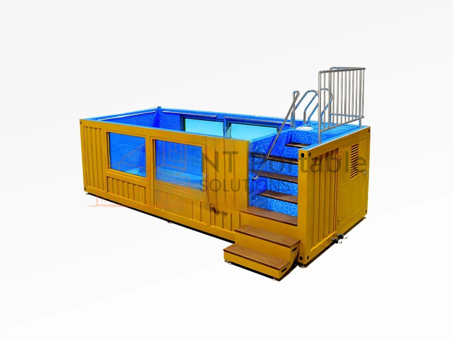 Yellow shipping container converted into a swimming pool, with stairs, ladder, and blue interior.