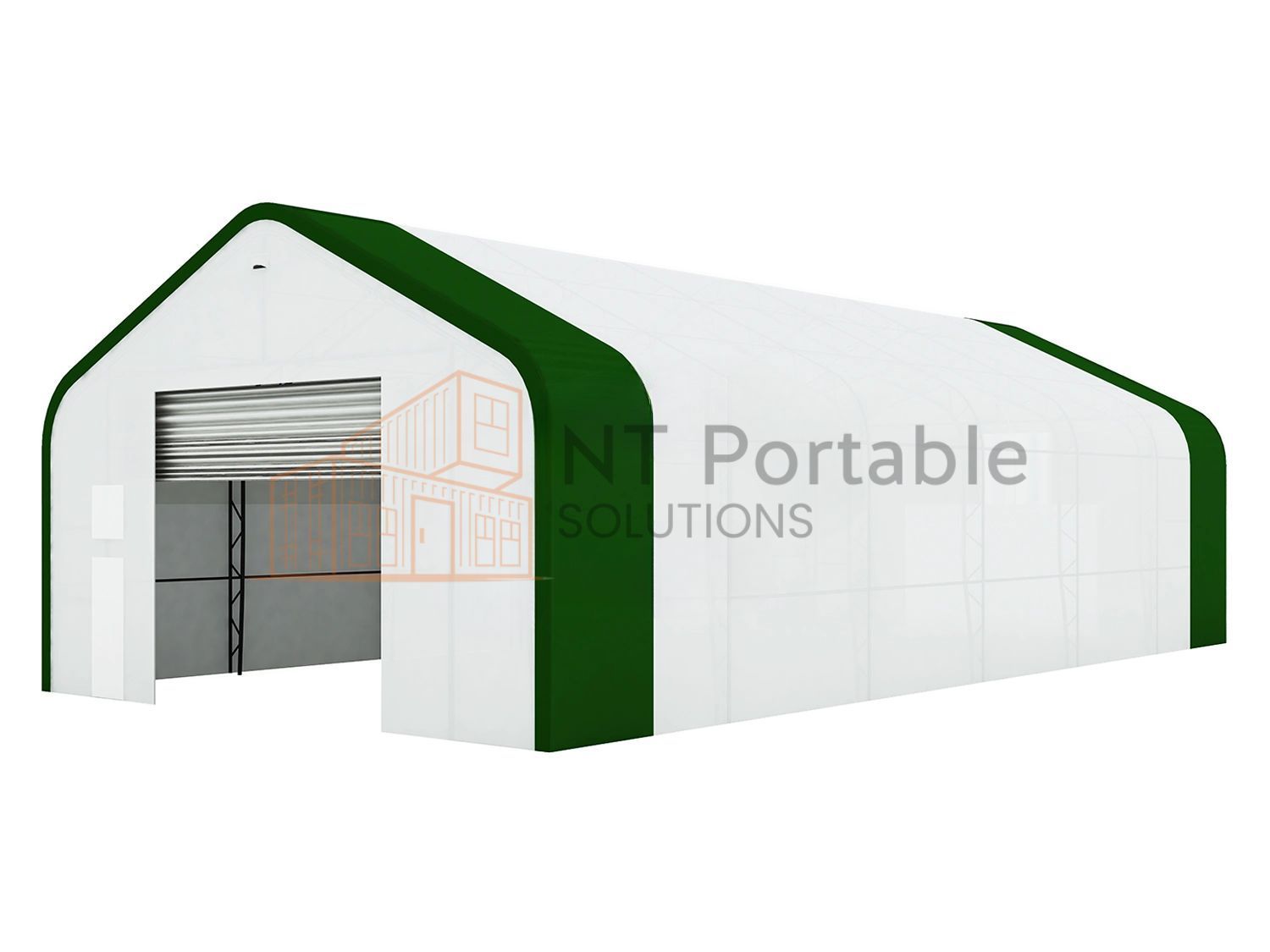 White and green portable storage building with a roll-up door.