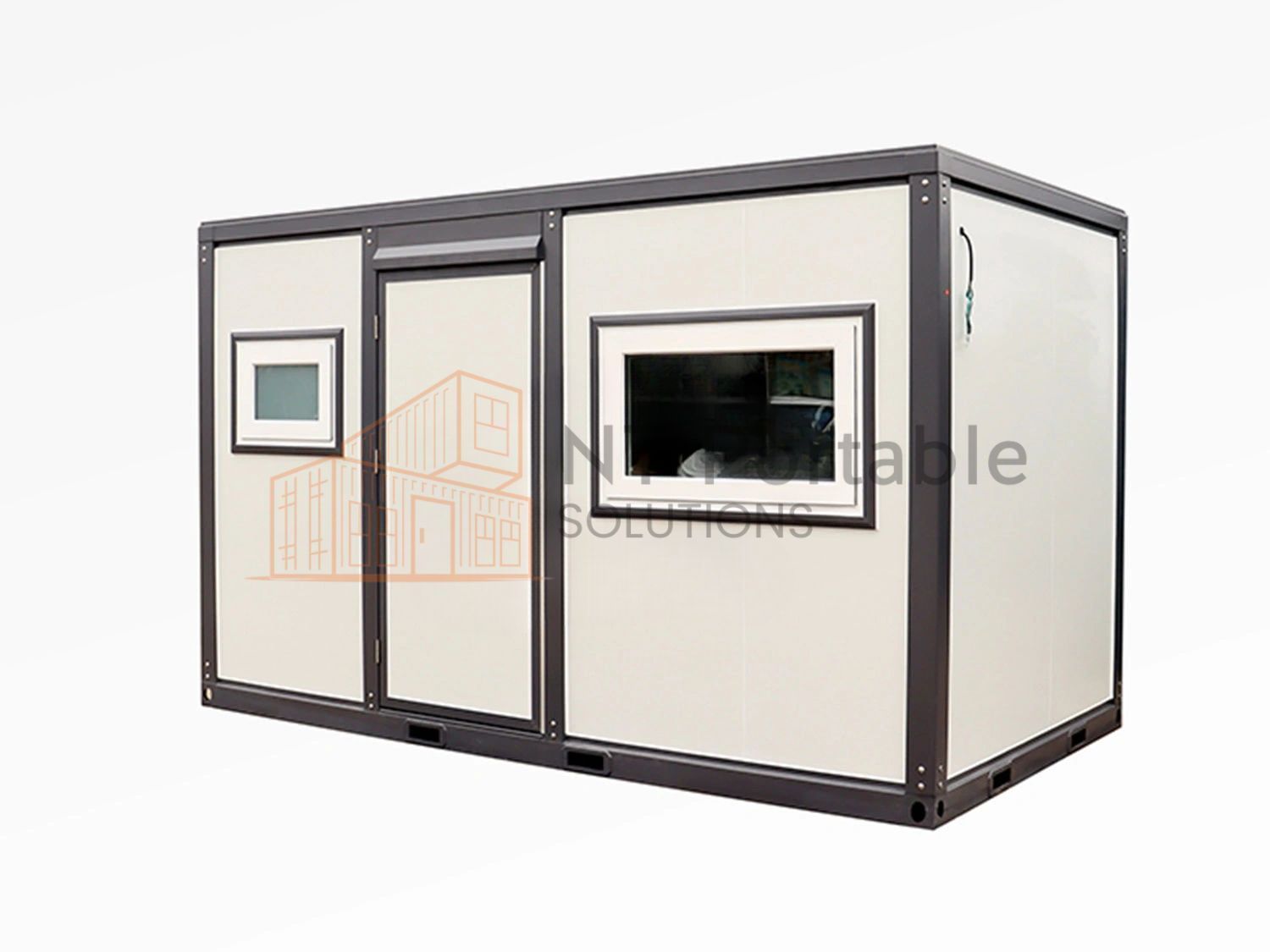 Modular office container with beige walls, brown frame, sliding door, and two windows.