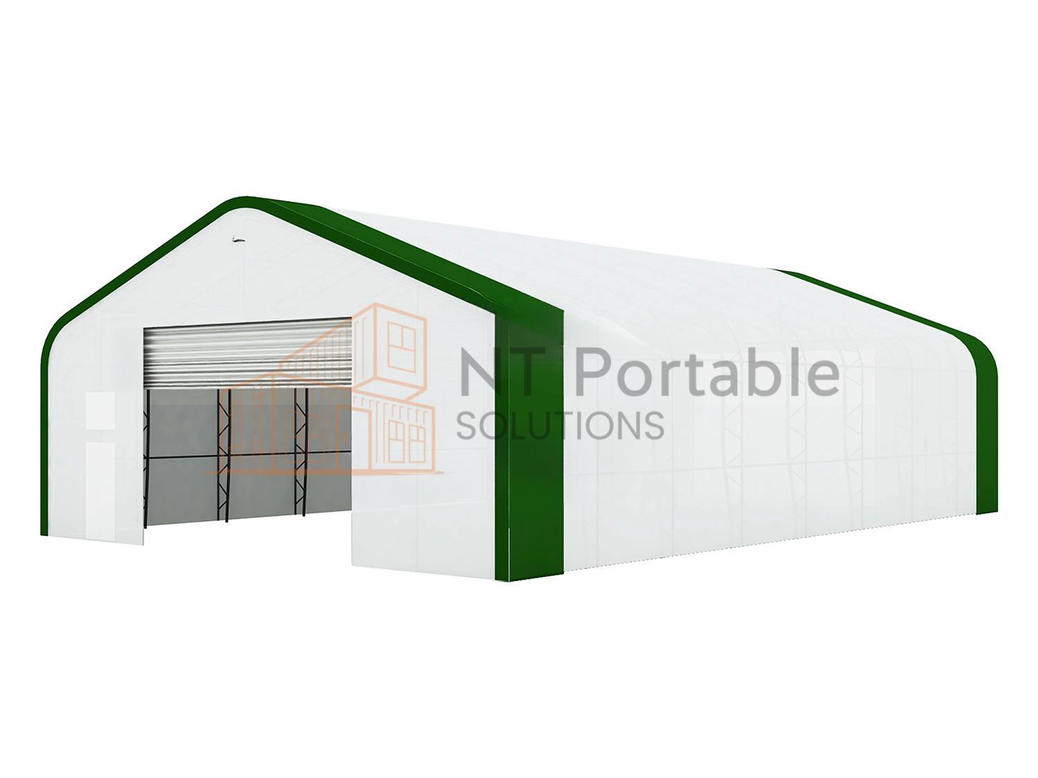 White and green portable building with an open garage door.