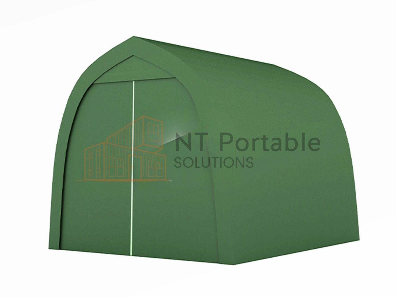 Green portable storage shelter with arched roof and central double doors.