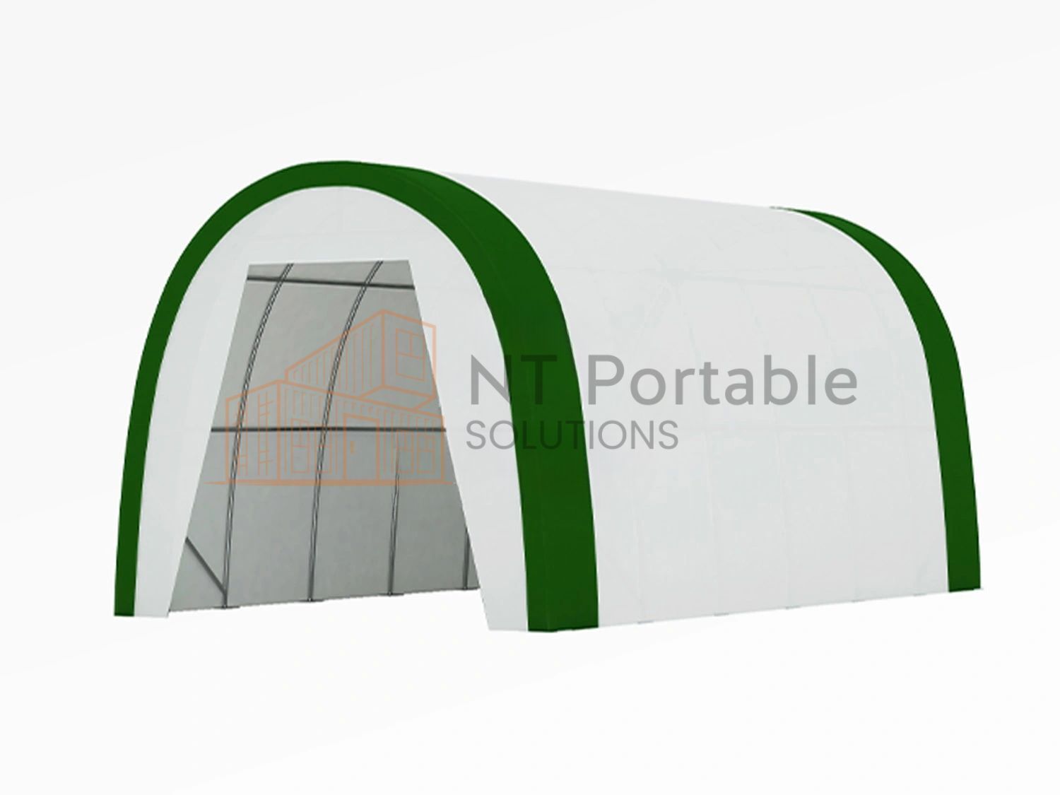 White and green arched portable shelter. 