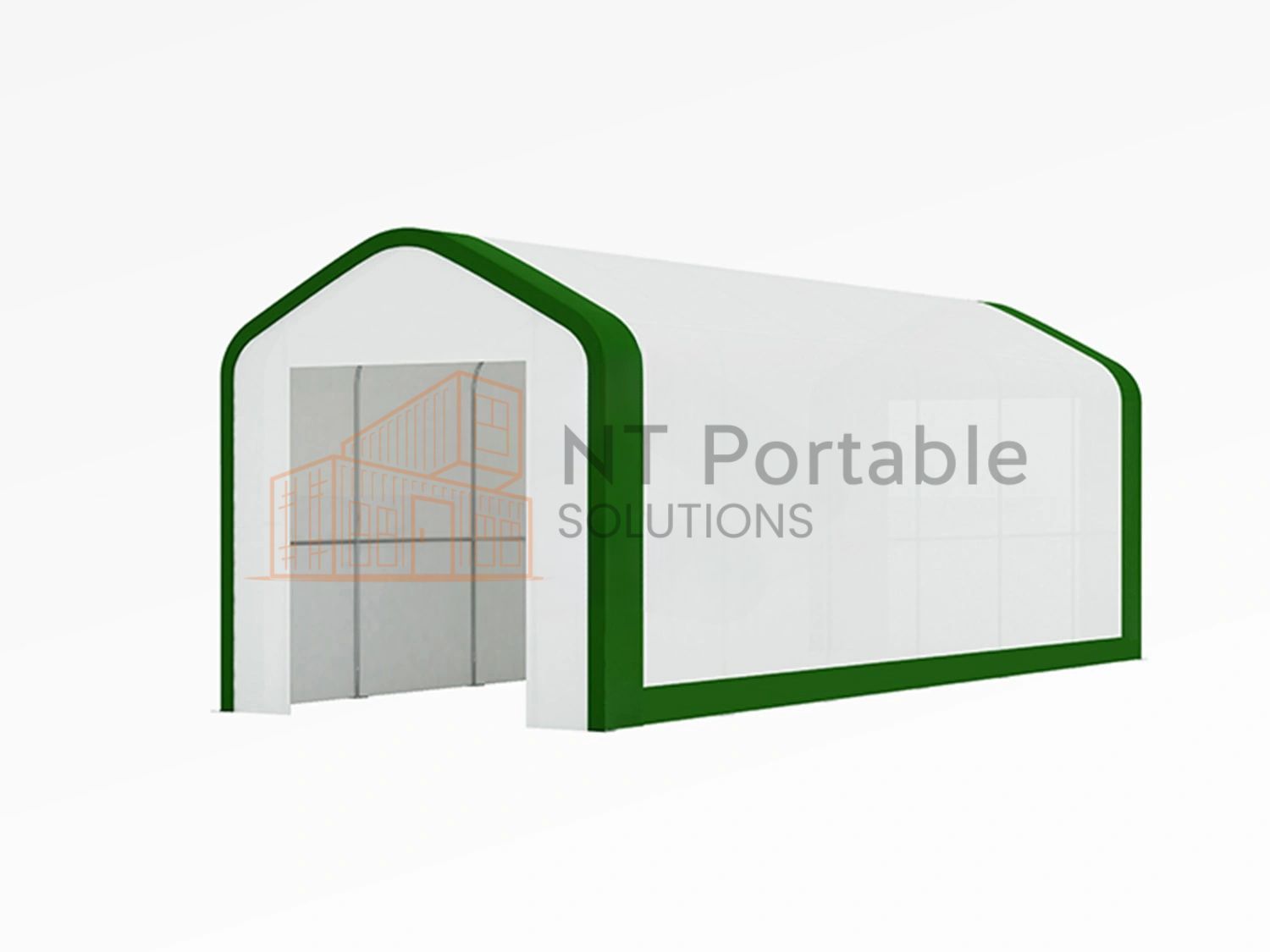 White and green portable shelter with an open entrance,