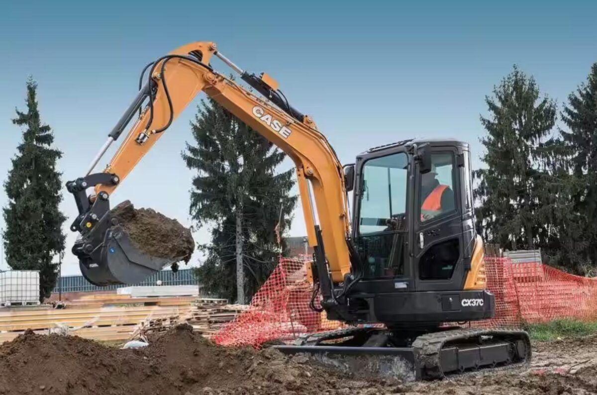Case CX75 excavator digging on a construction site; orange, black, and gray.