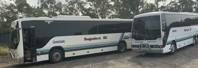 Two White Buses — Keppel Coaches in Rockhampton, QLD