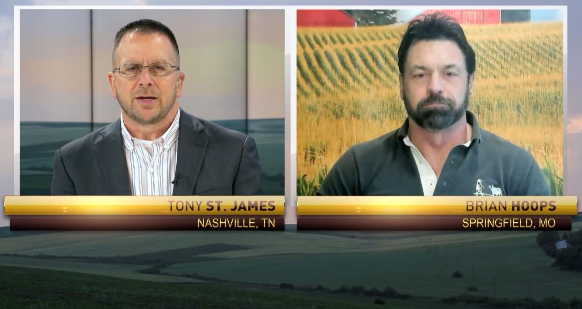 Two men in separate video feeds. One in a suit, the other in a polo shirt, discussing something with a farm background.