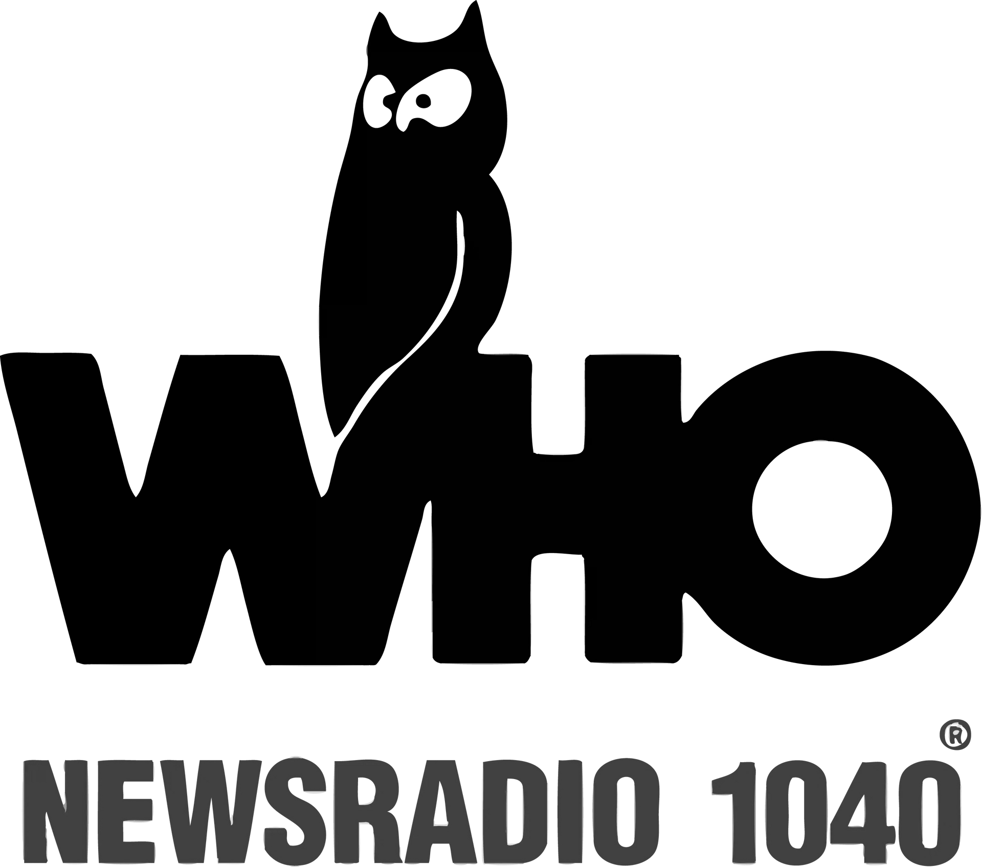 Logo for WHO Newsradio 1040, black text and owl silhouette on a white background.
