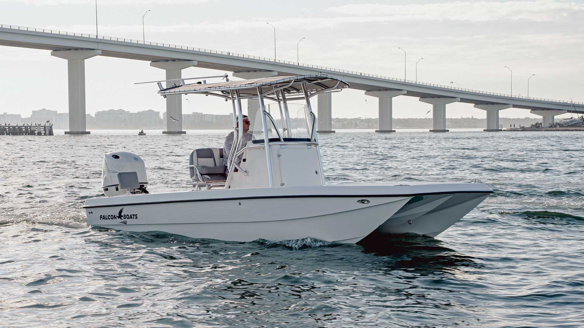 White catamaran boat cruising on water under a bridge on a sunny day.