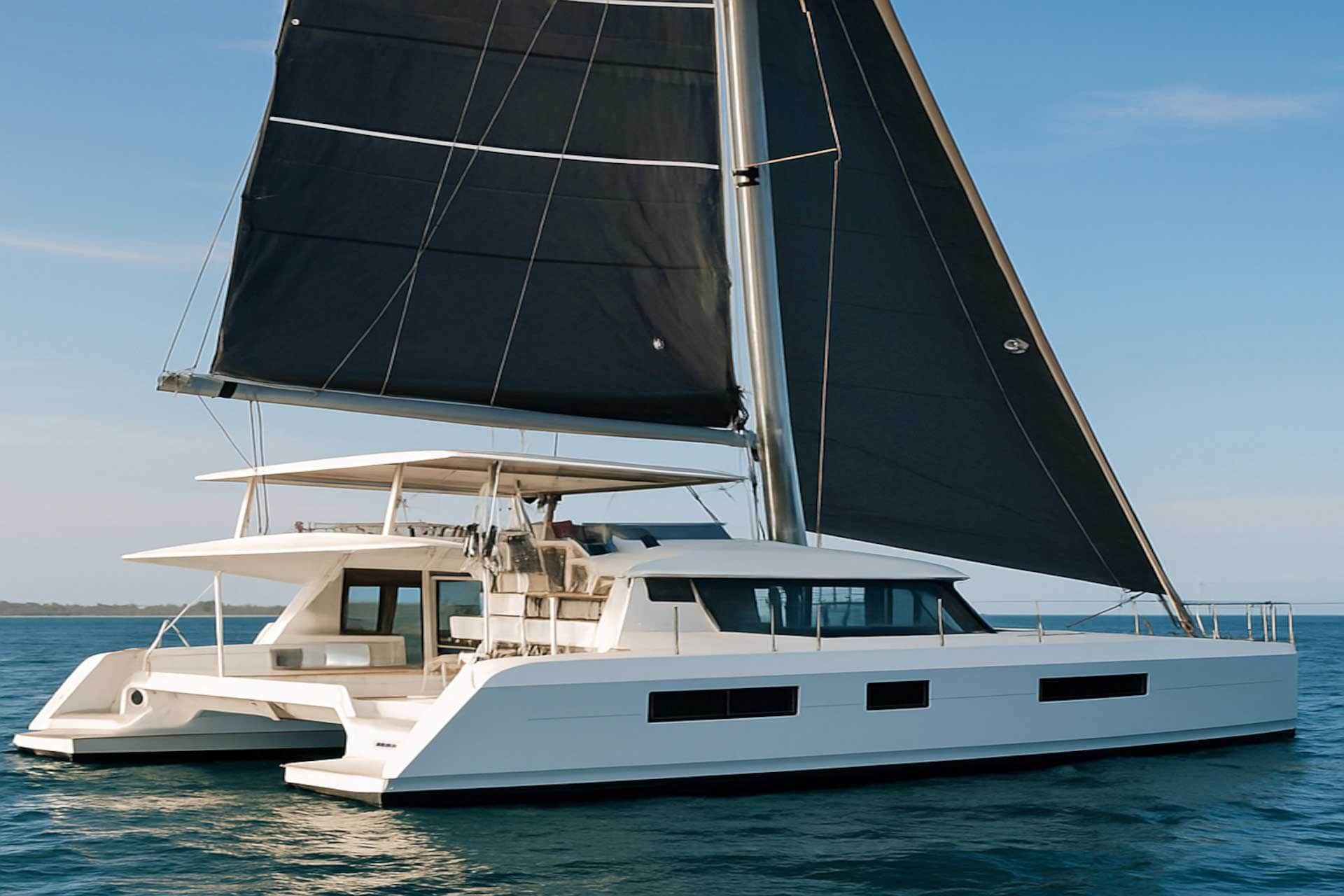 White catamaran with black sails sailing on a calm blue ocean under a clear sky.