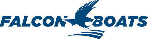 The logo for falcon boats has a bird on it