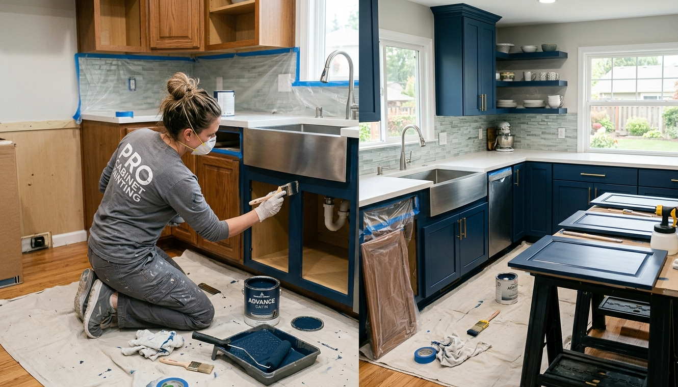 Contractor refinishing and painting kitchen cabinets dark blue.