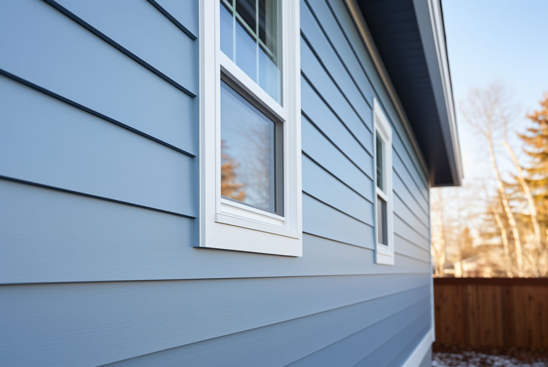 The side of a house with blue siding and white windows