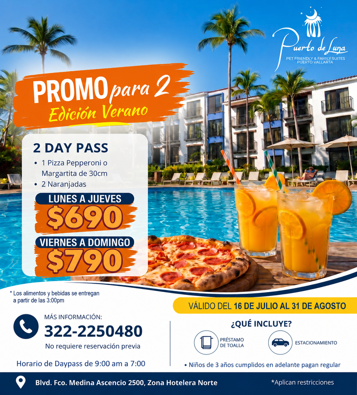 Promoción de 2 day pass en Puerto de Luna con pizza pepperoni incluida