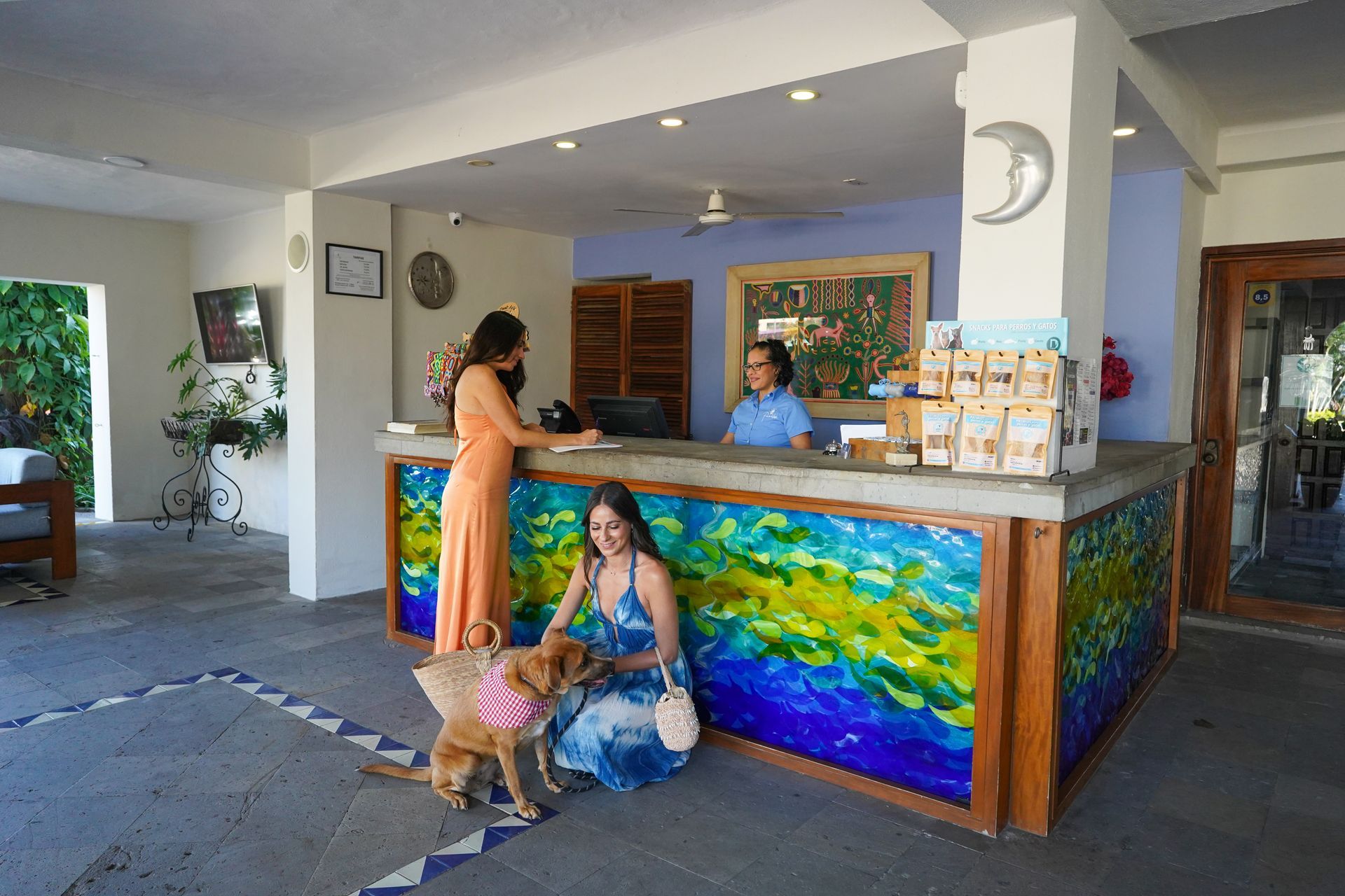 Hotel reception desk with two women, a dog, and staff member. Colorful counter, light blue walls, sunny setting.
