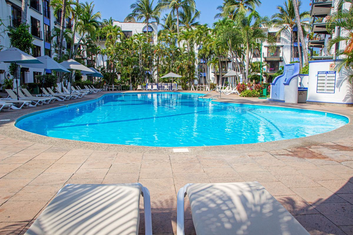 Swimming pool with lounge chairs, palm trees, and multi-story buildings on a sunny day.
