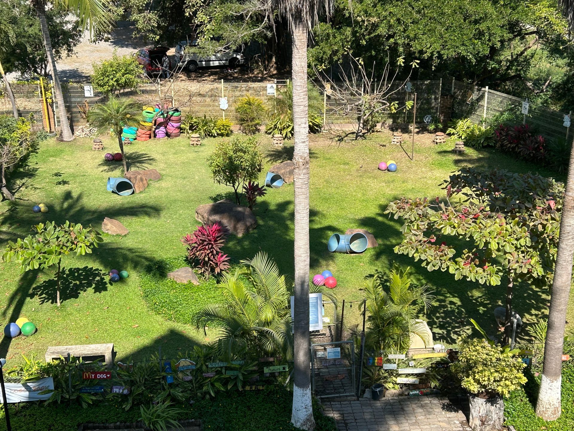 A dog park with green grass, tunnels, toys, and trees.