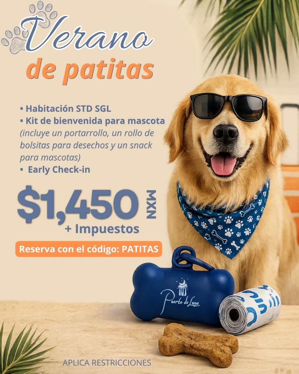 Promoción Verano de Patitas en Puerto de Luna, habitación pet friendly con kit de bienvenida para mascota