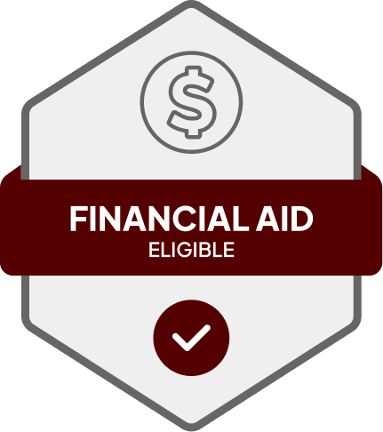 Badge: Financial Aid Eligible, blue banner, building icon, dollar sign.