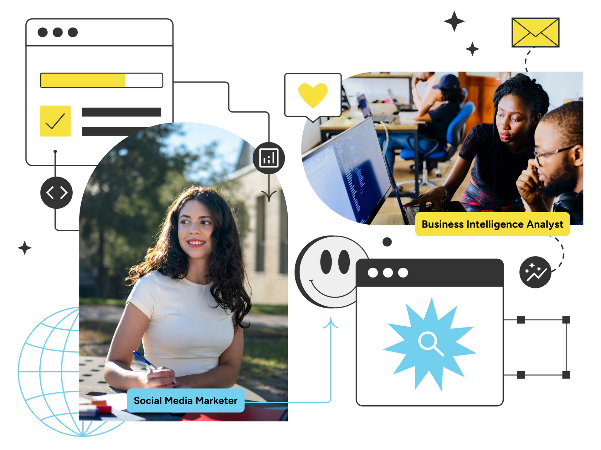 Collage of social media marketing graphics with laptop users, profile cards, icons, and chat bubbles