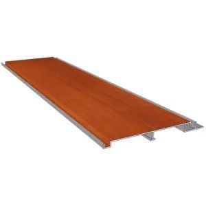 A wooden shelf with a metal frame on a white background.