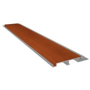 A wooden look aluminium extrusion on a white background.