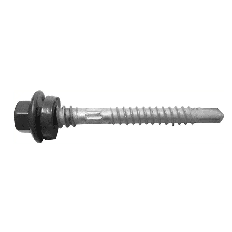 A close up of a screw with a black cap on a white background.