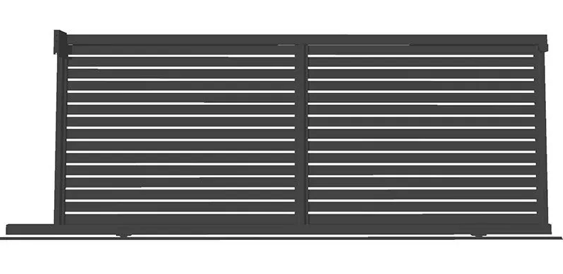 A black sliding gate with white gaps on a white background.