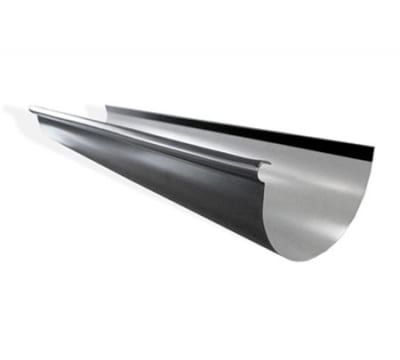 A stainless steel gutter is shown on a white background.
