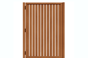 A wooden gate with vertical bars on a white background.