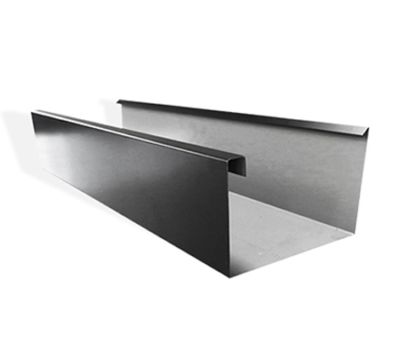 A stainless steel gutter on a white background.