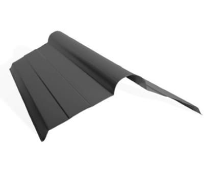 A black metal roof ridge on a white background.