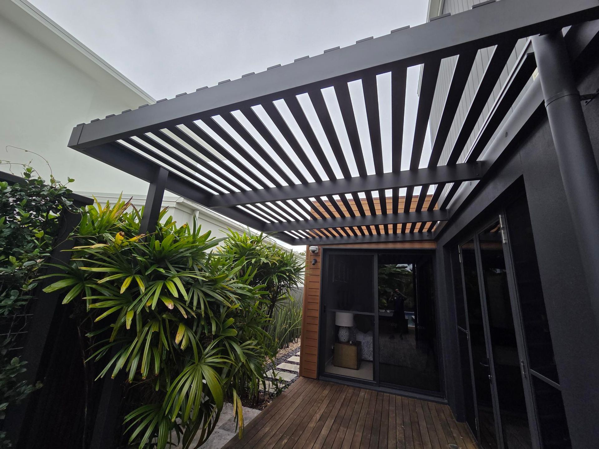 Aluminium Custom Arbor Pergola 150x50mm Beams 75x17mm slats Monument Powdercoat Finish