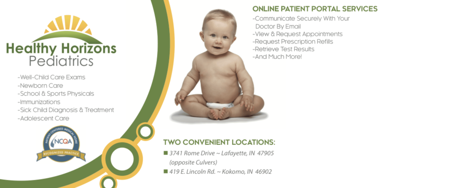 An advertisement for healthy horizons pediatrics shows a baby in a diaper.