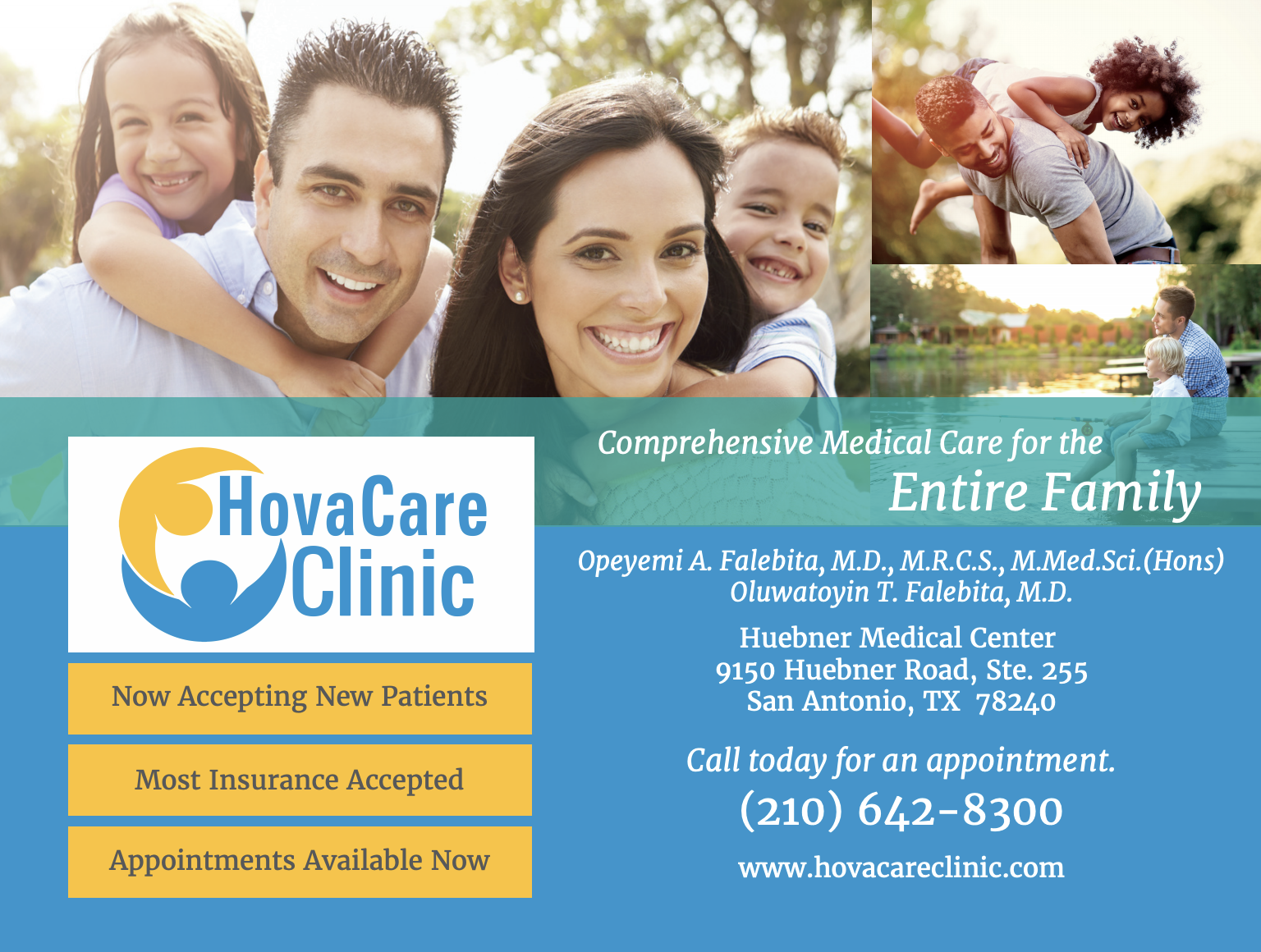 An advertisement for hovacare clinic shows a man carrying two children on his shoulders.