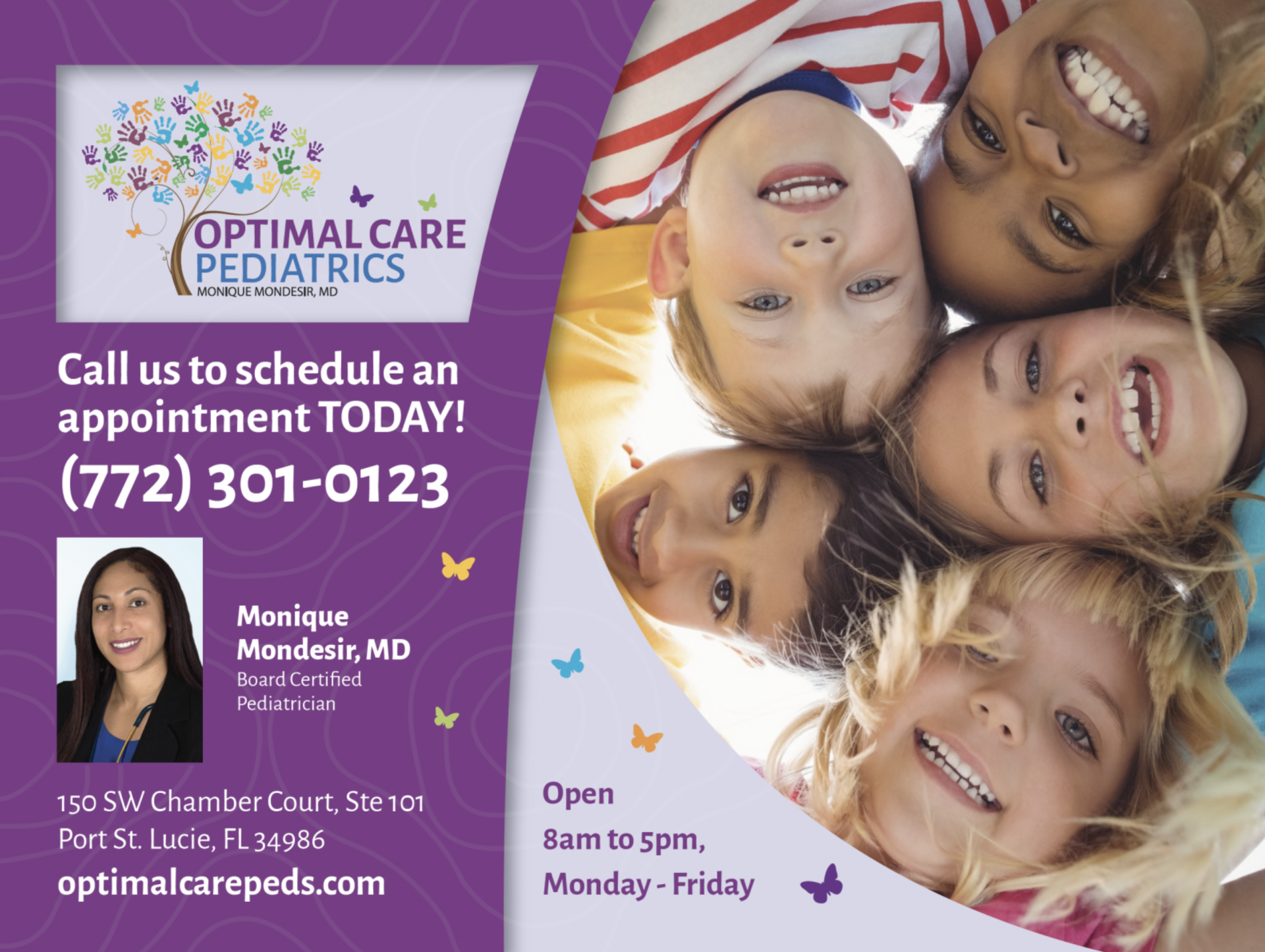 An advertisement for optimal care pediatrics shows a group of children smiling