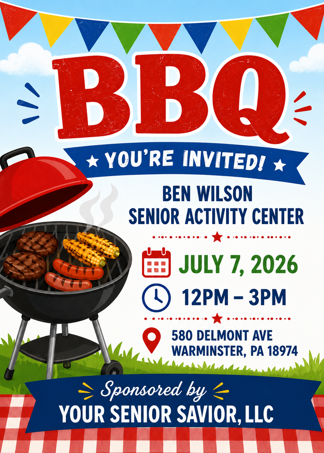 BBQ invite with grill, bunting, and details for Ben Wilson Senior Activity Center, July 7, 2026, 12–3 PM